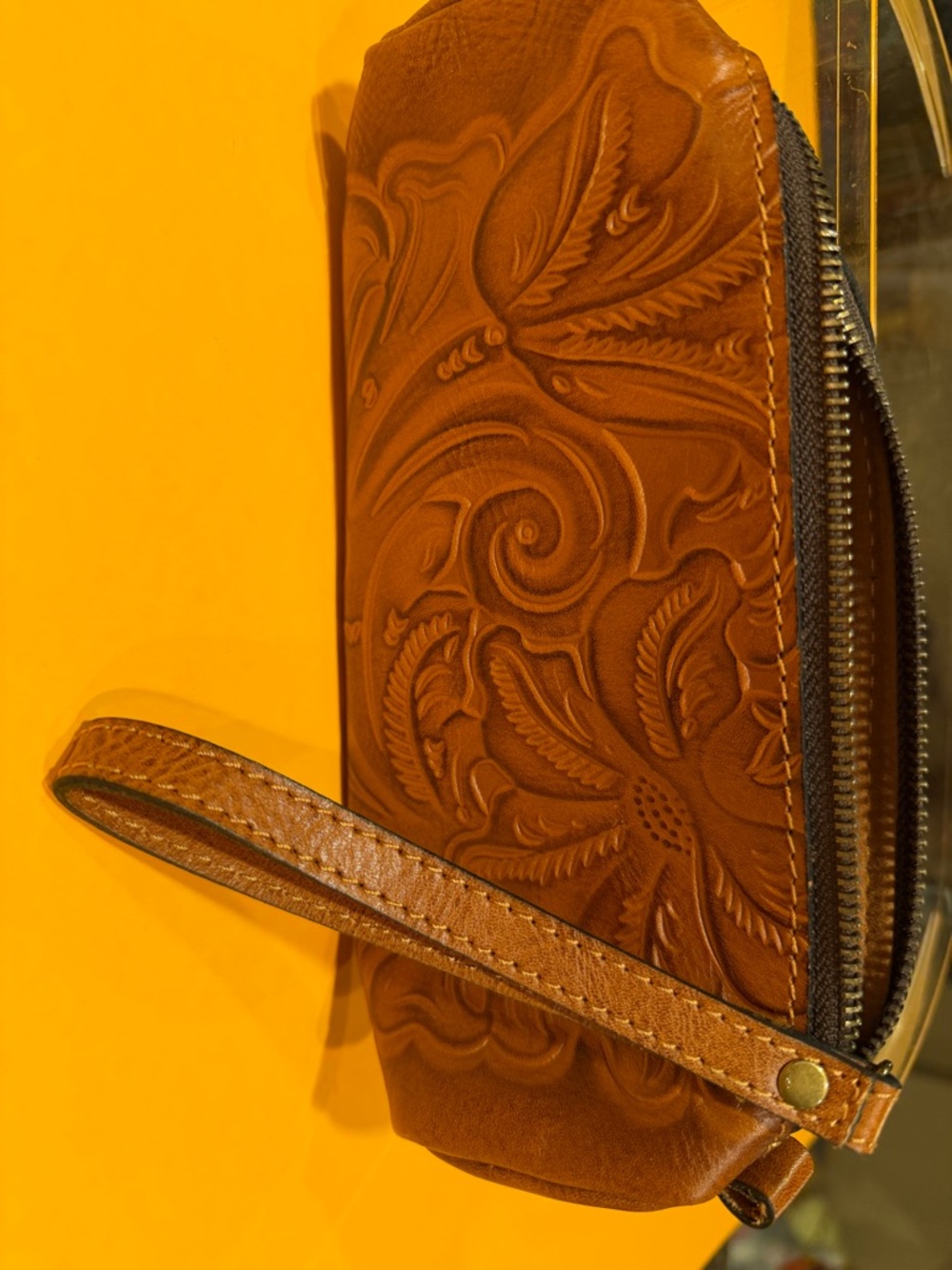 Patricia Nash Tooled Leather Wristlet Clutch in Cognac Brown